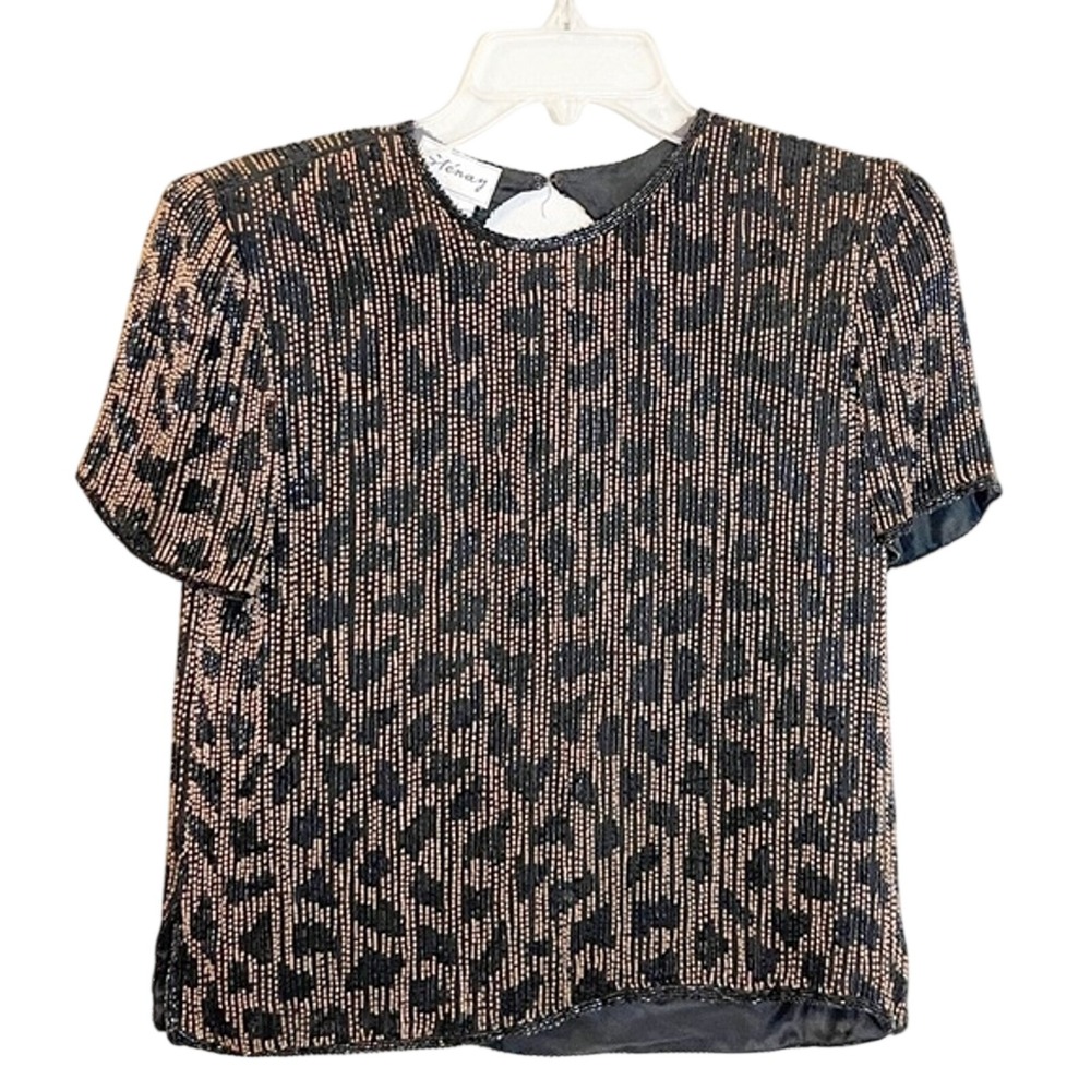 Stenay Vintage Silk Beaded Top Womens S Black Gold Animal Print Evening Blouse